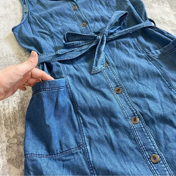Soft Surroundings Blue Denim Sleeveless‎ Button Up Tie Waist MIDI Dress Medium - Picture 8 of 10
